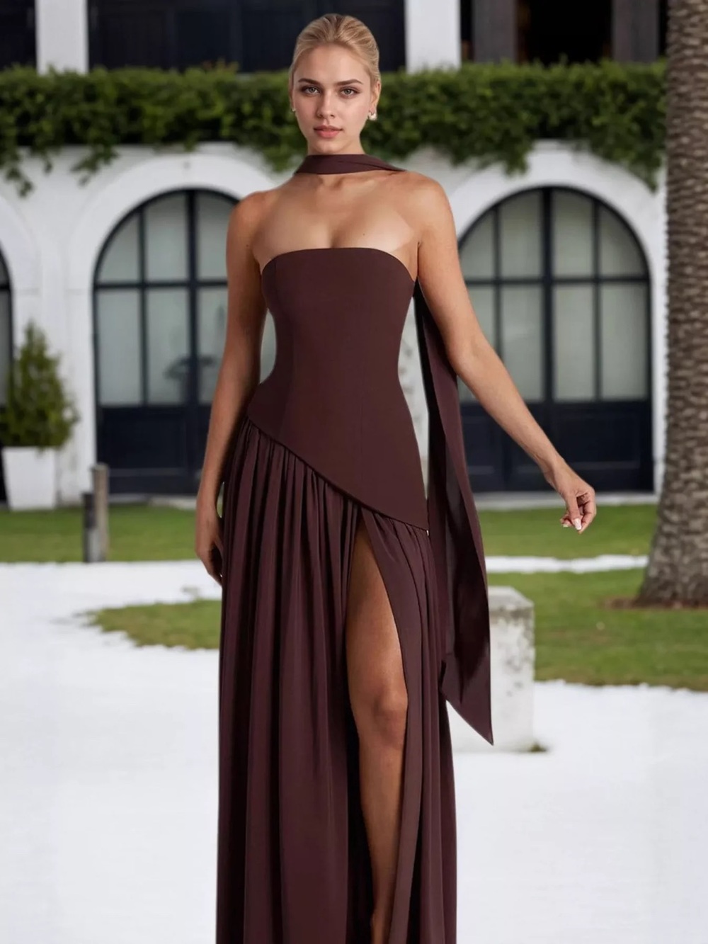 Jolie Strapless Dark Brown Evening Gown with Side Slit
